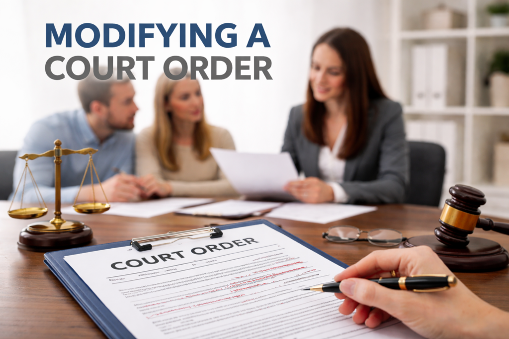 Close-up of a court order document on a clipboard on a desk, with a gavel and scales nearby as three colleagues discuss in the blurred background.