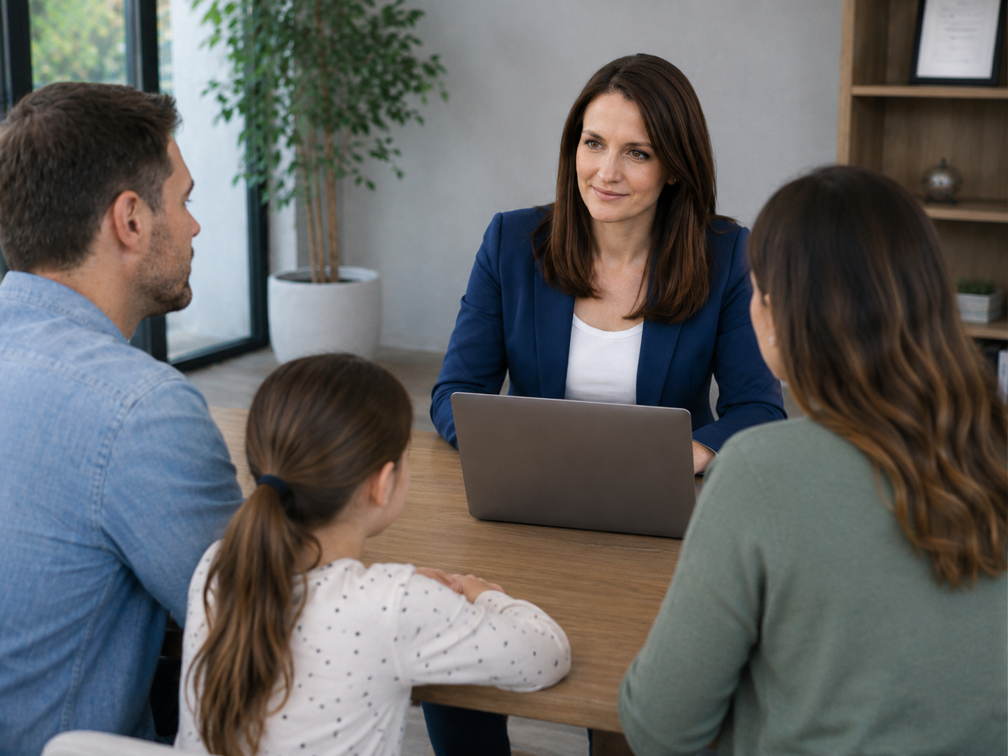 A professional woman in a blue blazer leads a meeting at a wooden table with a laptop, speaking to parents adopting a child and changing her name