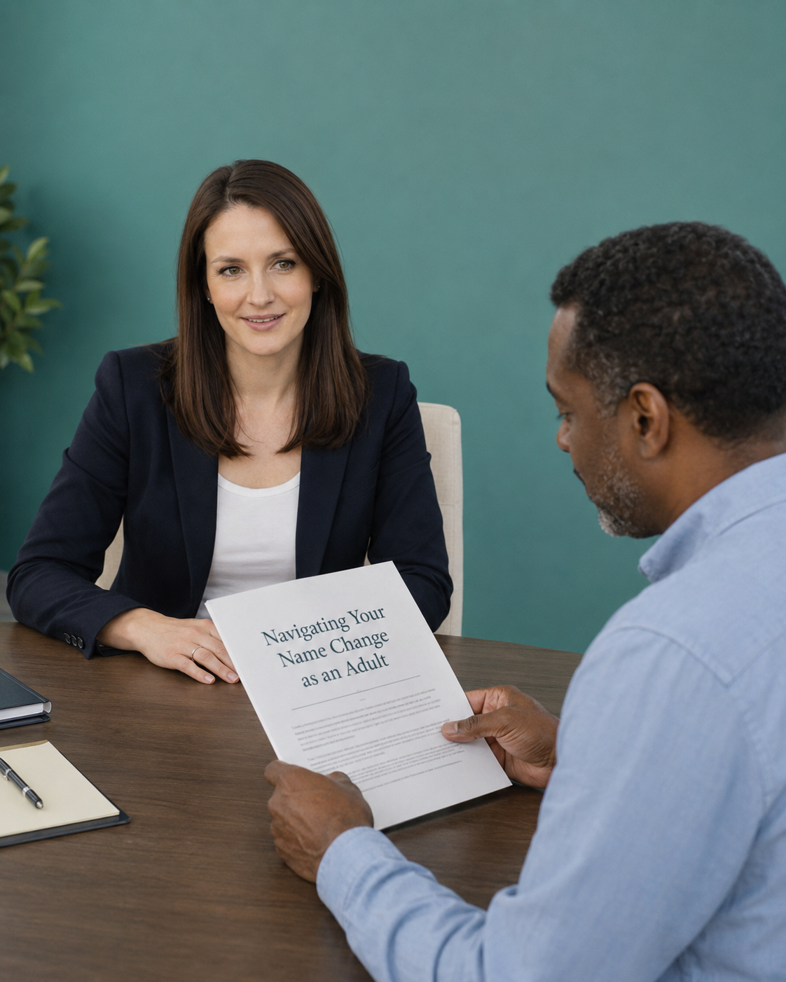 Two professionals seated at a table discussing a document titled 'Navigating Your Name Change as an Adult'.